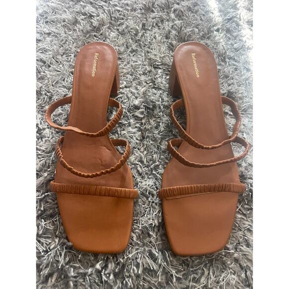 Reformation 11 Mules Assunta Strappy Block Heels Leather Pecan Brown Open Toe - Picture 3 of 9